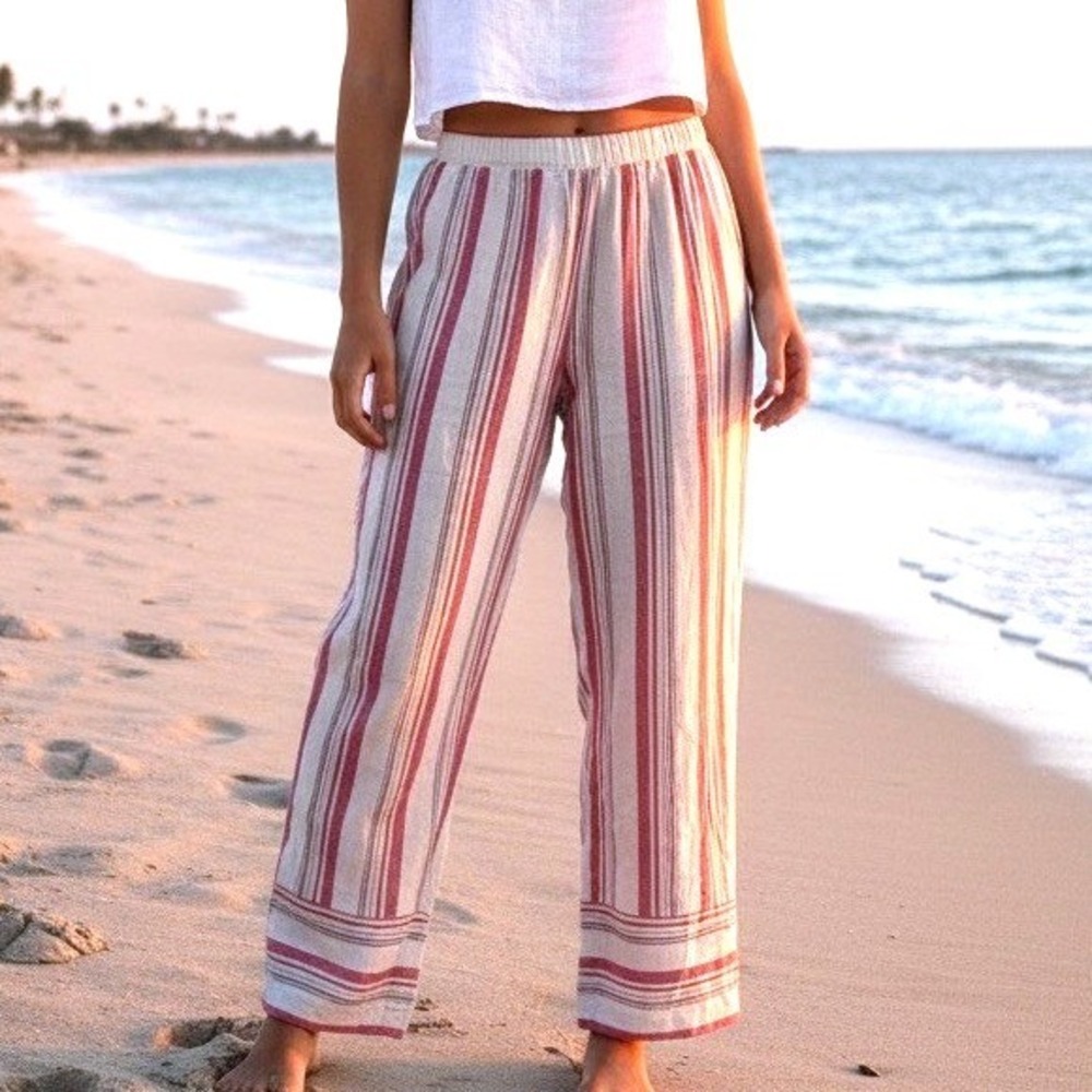 Wide‎ Leg Linen Pants Striped Ellen Tracy Pink & Cream Women's 16 Relaxed Beachy
